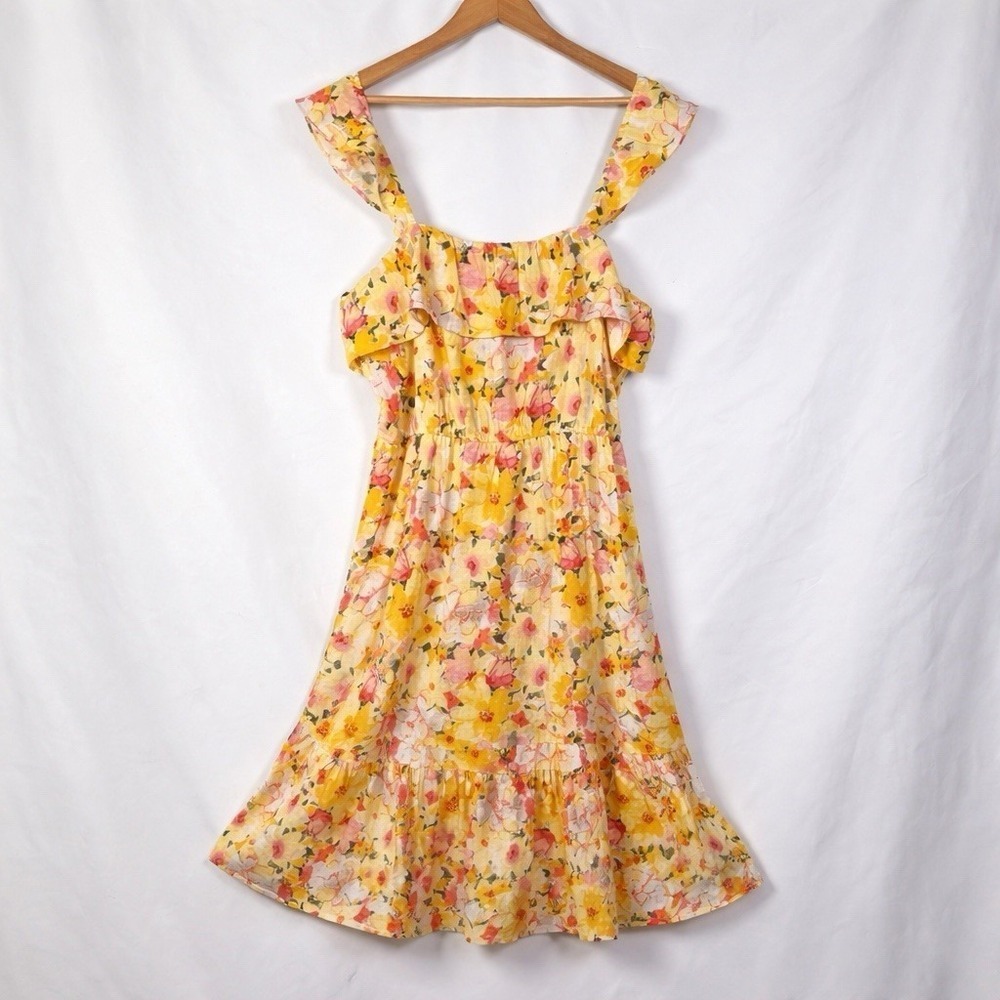 Lauren Conrad Linen Blend Midi Dress Womens XL Tiered Floral Cottage Resort